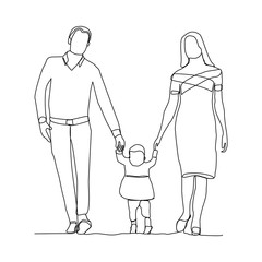 Continuous line drawing of happy family dad, mom, and child. Single line art concept of small family. Vector illustration