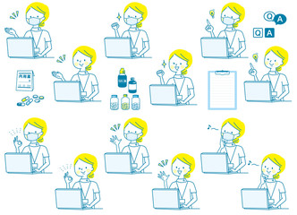 受付　若い女性　白衣　表情セット　マスク