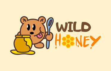 Funny cute cartoon teddy bear holds a spoon and wants to eat honey. Honey teddy Logo Cartoon Character mascot. The concept for the industry sales and production of honey.