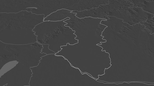 Trnavsk&yacute;, region with its capital, zoomed and extruded on the bilevel map of Slovakia in the conformal Stereographic projection. Animation 3D