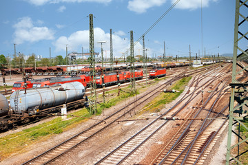 Freight yard, tracks with boiler wagons and locomotives under blue skies