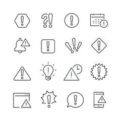 Exclamation mark related icons: thin vector icon set, black and white kit