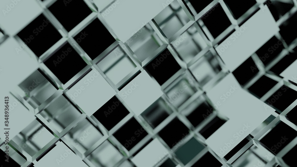 Poster blue neon light cube blockchain network futuristic flying into digital technologic animation 3d rend