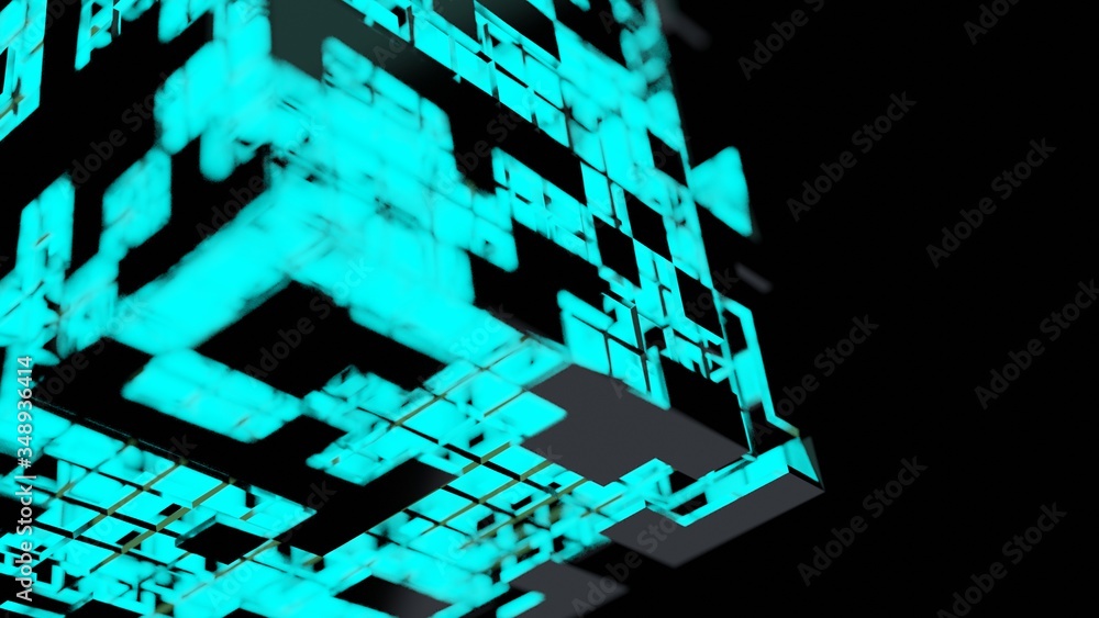 Poster blue neon light cube blockchain network futuristic flying into digital technologic animation 3d rend