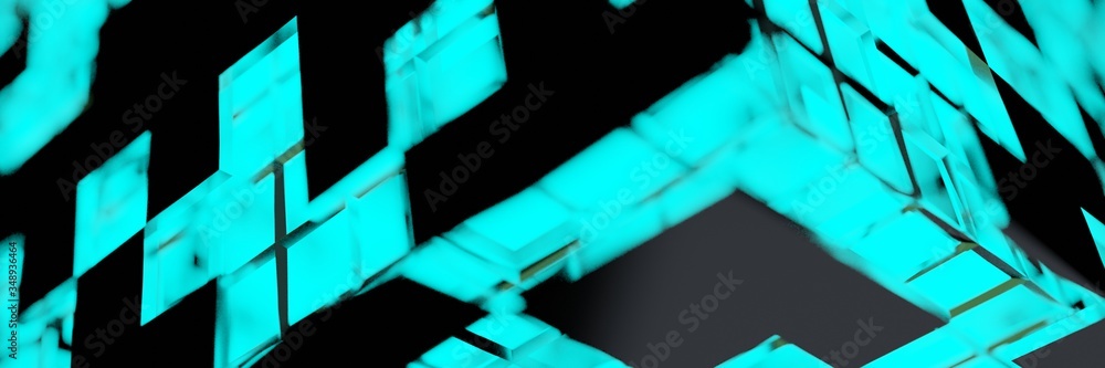 Poster blue neon light cube blockchain network futuristic flying into digital technologic animation panoram