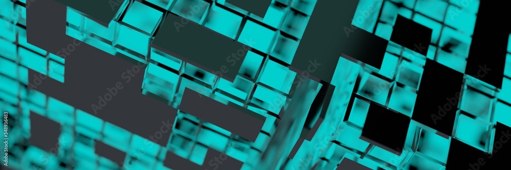 Poster blue neon light cube blockchain network futuristic flying into digital technologic animation panoram