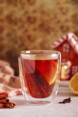 Hot tea with cinnamon in the evening on Christmas eve