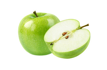 Ripe green apple and apple half isolated on white. Clipping path.