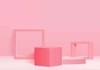 Minimal Podium and scene with 3d render vector in abstract pink background composition, 3d illustration mock up scene geometry shape platform forms for product display. stage for awards in modern.