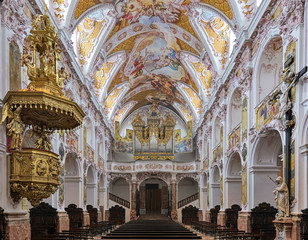 Interior of Freising Cathedral, Germany. The present Rococo interior was created in 1724 by Asam brothers. The main organ was built in 1624 by Daniel (II) Hayl, its decor was created by Philipp Dirr.