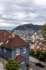 Obraz premium Cozy wooden old traditional scandinavian architecture streets in Bergen, Norway. Moody cityscape