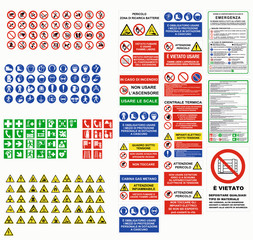 ISO 7010 CARTELLI SEGNALETICA NORME CANTIERI LAVORI, ISO 7010 SIGN WARNING SET SYMBOL SAFETY - obrazy, fototapety, plakaty