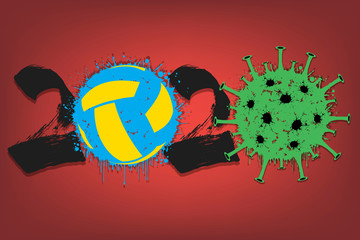 Abstract numbers 2020 and coronavirus sign with volleyball ball made of blots. Stop covid-19 outbreak. Caution risk disease 2019-nCoV. Cancellation of sports tournaments. Vector illustration