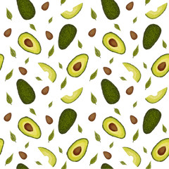 Seamless hand drawn pattern with avocado. 