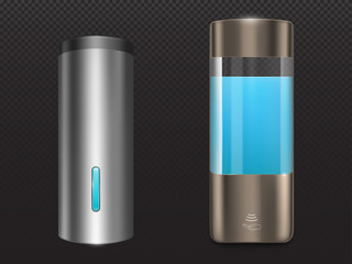 Wall dispenser for antibacterial soap and liquid antiseptic. Automatic containers with blue lather for bath or toilet room set isolated on transparent background, Realistic 3d vector icons, clip art