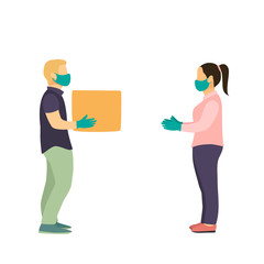 Delivery man full side view, uniform face medical mask, gloves hold cardboard box. Service coronavirus. Online shopping