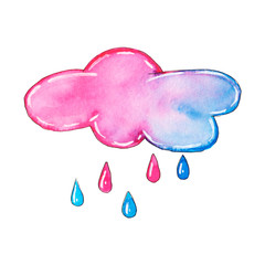 Watercolor illustration. Pink and blue cloud with pink and blue drops on a white background