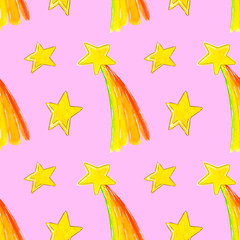 Seamless pattern of magic stars on a pink background, drawn in watercolor.