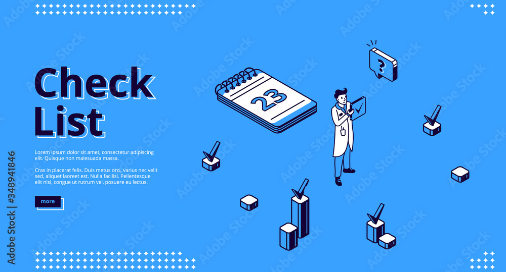 Aufkleber check list banner. concept of business organization and completed tasks. vector landing page of ques