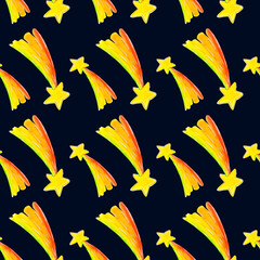 Seamless pattern of magic stars on a dark blue background, painted in watercolor.