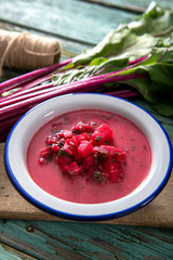 Tasty homemade beetroot soup close up
