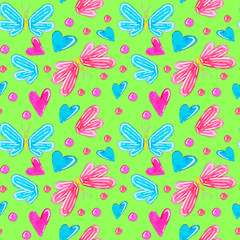 Seamless pattern of blue and pink butterflies, hearts and circles on a green background, painted in watercolor.