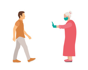 elderly woman with mask and medical gloves warns man opposite him to keep distance. flat vector illustration