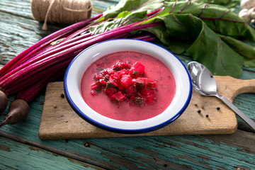 Tasty homemade beetroot soup close up