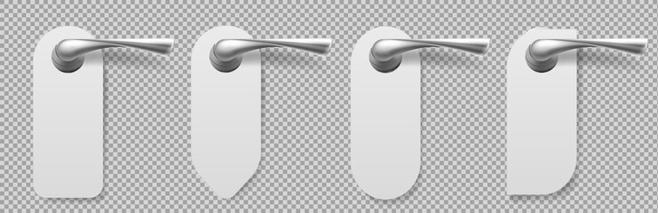 Door handles with hangers different shapes. Vector realistic mockup of blank white paper hanger sign for service in motel or hotel. Metal lever handles with tags isolated on transparent background