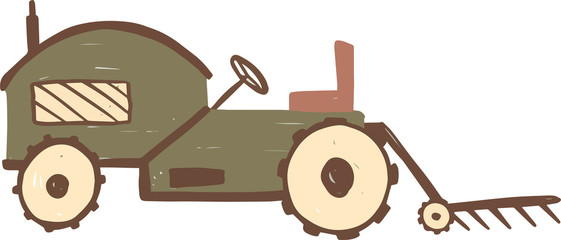 Tractor. Illustration of a green tractor with plough in childish style isolated on white background for kids. Heavy agricultural machinery for field work
