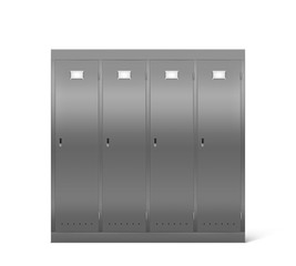 Steel lockers in school corridor or changing room in gym. Vector realistic interior with individual metal cabinets with closed doors in sport or fitness club. Security storage in public room