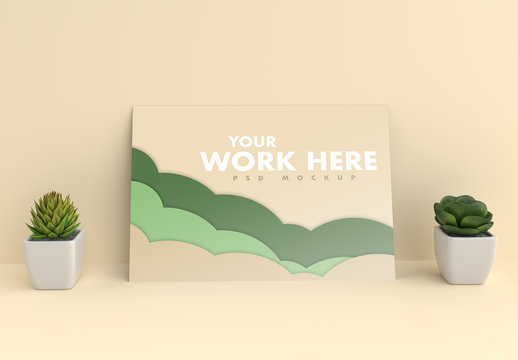 Stationery Beige Paper and Succulent Cactus Mockup