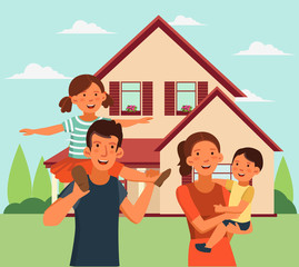 Obraz na płótnie Canvas Happy family having fun. Smiling mom holding her baby boy in her arms. Cute girl sits on the shoulders of his father. Happy family vector concept. Summer landscape 