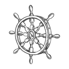 Sketch of vintage ship steering wheel, boat rudder