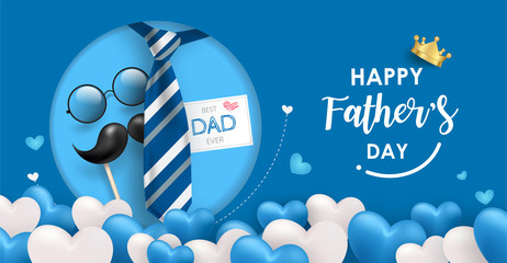 Happy Father's Day banner template. Many blue and white heart balloons on blue background with tie, glasses and mustache elements. EPS10 vector illustration.