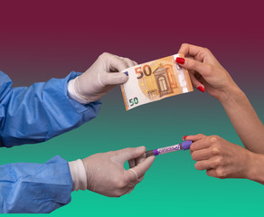 Doctor wearing disposable gloves and suit to protect Covid-19 infection sells the vaccine to a woman for fifty euros. Vaccine against the Coronavirus