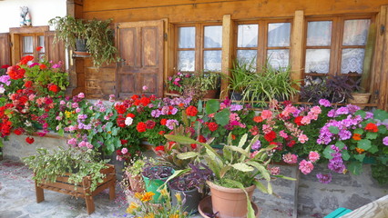 romantischer Hauswinkel mit viel Blumenschmuck
