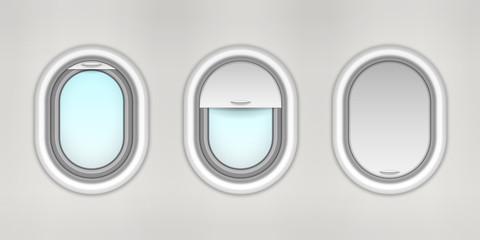 Opened and closed airplane porthole, plane window