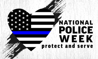 National Police Week background -  heart with grunge flag United States of America with blue line. Poster, card, banner and background - 348946261