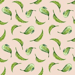 Watercolor leafy seamless pattern hand drawn on pink background. Green leaves summer wallpaper 