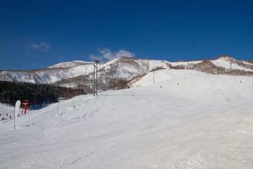 Fototapeta na wymiar Beautiful landscape of ski field at Niseko, Hokkaido, Japan. Blue sky. Snow power.
