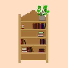 Bookshelf with books, hourglass and plant in pot vector icon color, cartoon illustration design
