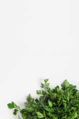 A large bunch of fresh organic green parsley, dill on a white background. Garden greens, spicy herbs, ingredients for cooking. Vertical. Close-up, top view, copy space.