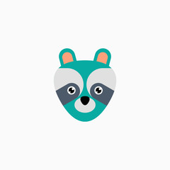 Vector Flat Raccoon's face isolated. Cartoon style illustration. Animal's head logo. Object for web, poster, banner, print design