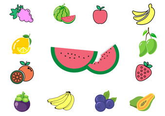 flat icons for fruits set, mangosteen, mango, watermelon, orange, strawberry, blueberry, apple, banana, grape, papaya, lemon,vector illustrations