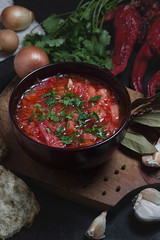 plate of borscht. Garnished with Herbs, Onions, Garlic and Bread