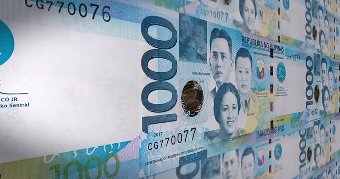 Creative 4k video of one thousand Philippines Pesos banknote moving details with close-up on the details of the Philippine banknotes. Slow motion of the money of Philippines. Detailed capture of Peso