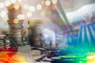 Stock market digital graph chart on LED display concept. A large display of daily stock market price and quotation. Indicator financial forex trade education background.  coins for finance concept