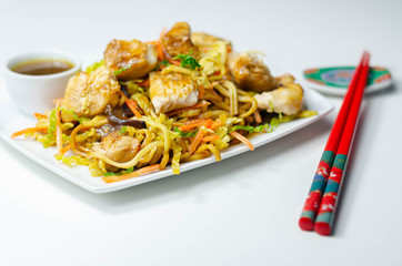 Cooked chicken breast pieces with savory garlic and ginger soy sauce and  noodles, black fungus...
