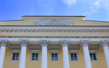 Senate and Synod Building in Saint Petersburg, Russia. Historic landmark in old town, architecture details with ornamental facade details, classic windows and columns outdoors